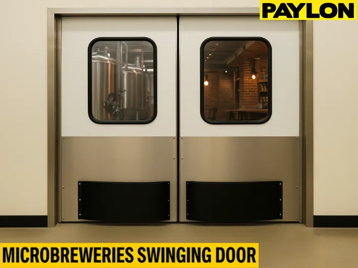 How microbreweries use swinging doors to separate production from taproom traffic, showing double-action brewery doors with windows between brewing tanks and taproom seating How microbreweries use swinging doors to separate production from taproom traffic, showing double-action brewery doors with windows between brewing tanks and taproom seating