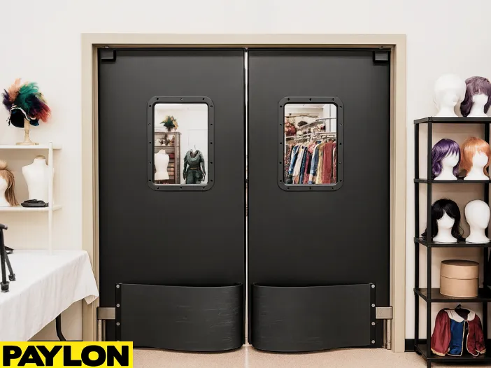 Industrial Door PE-8000 black swinging doors installed in a cosplay studio backroom, surrounded by costumes, wigs, and mannequins for theatrical and costume shop use Industrial Door PE-8000 black swinging doors installed in a cosplay studio backroom, surrounded by costumes, wigs, and mannequins for theatrical and costume shop use