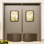 Industrial Door PE-8000 double swinging door installed in a greenhouse, with cannabis plants and natural light visible through the windows.