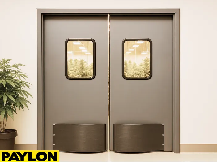 Industrial Door PE-8000 double swinging door installed in a greenhouse, with cannabis plants and natural light visible through the windows Industrial Door PE-8000 double swinging door installed in a greenhouse, with cannabis plants and natural light visible through the windows.