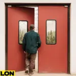Industrial Door PE-8000 double swinging door with a worker entering a greenhouse grow operation, cannabis plants visible through the windows