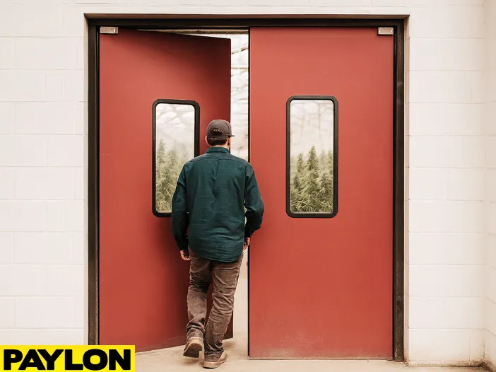 Industrial Door PE-8000 double swinging door with a worker entering a greenhouse grow operation, cannabis plants visible through the windows Industrial Door PE-8000 double swinging door with a worker entering a greenhouse grow operation, cannabis plants visible through the windows