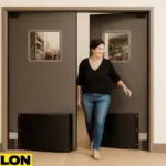 Industrial Door PE-8000 in a boutique-style setting, showing a woman walking out through durable double swing doors with black panels, alongside pastel dresses on a brass rack and a clean neutral background