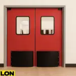 Industrial Door PE-8000 installed in a boutique clothing store, featuring bold red double swing doors with black kick plates, surrounded by racks of pastel and neutral dresses on gold stands for a stylish backroom divider