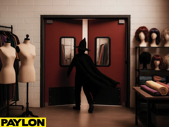 Industrial Door PE-8000 installed in a theatrical backroom with costume racks, wigs, and fabric rolls Industrial Door PE-8000 installed in a theatrical backroom with costume racks, wigs, and fabric rolls, illustrating swinging doors for cosplay studios, costume shops, and theatrical backrooms