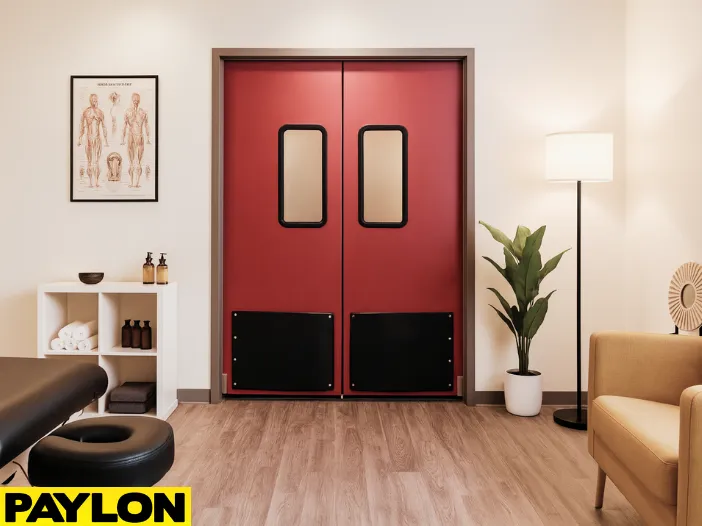 Industrial Door PE-8000 red swinging double doors inside a chiropractic and massage clinic, shown in a calming treatment space Industrial Door PE-8000 red swinging double doors inside a chiropractic and massage clinic, shown in a calming treatment space with a black therapy table, shelving with towels and oils, anatomical poster, indoor plant, and warm ambient lighting, emphasizing durability and professional design