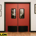Industrial Door PE-8000 swinging door in a tattoo parlor, designed for easy room access while maintaining client privacy, with framed tattoo artwork and professional studio décor