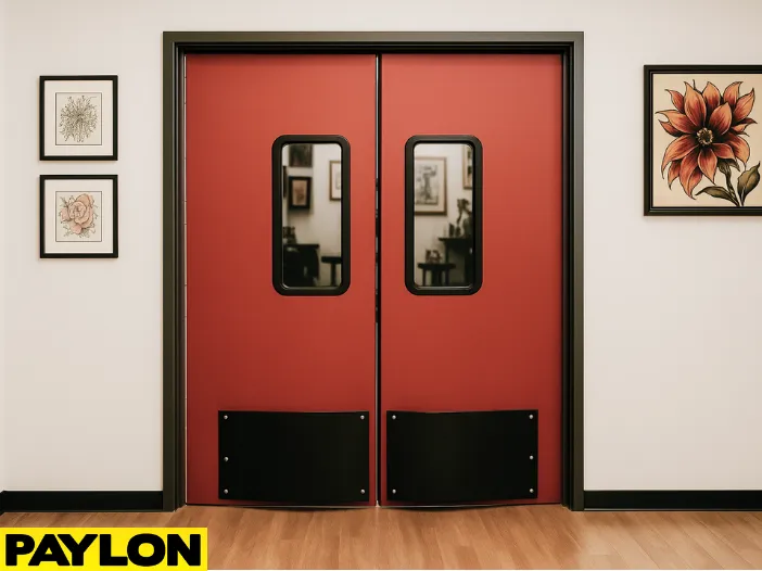 Industrial Door PE-8000 swinging door in a tattoo parlor, designed for easy room access while maintaining client privacy, with framed tattoo artwork and professional studio décor Industrial Door PE-8000 swinging door in a tattoo parlor, designed for easy room access while maintaining client privacy, with framed tattoo artwork and professional studio décor