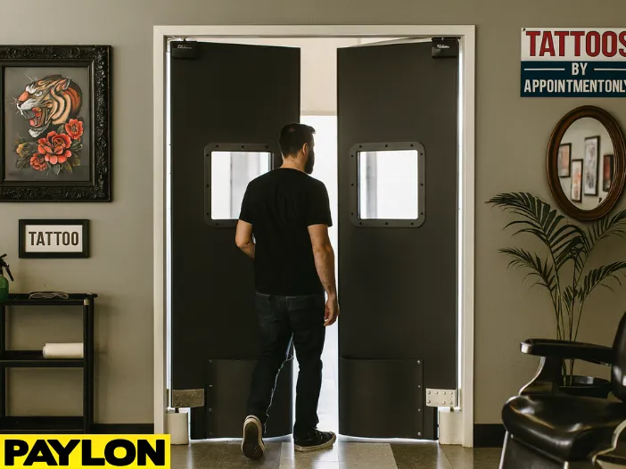 Industrial Door PE-8000 swinging door in a tattoo parlor, providing easy room access while maintaining client privacy Industrial Door | PE-8000 swinging door in a tattoo parlor, providing easy room access while maintaining client privacy, with tattoo artwork, décor, and a client walking through the studio
