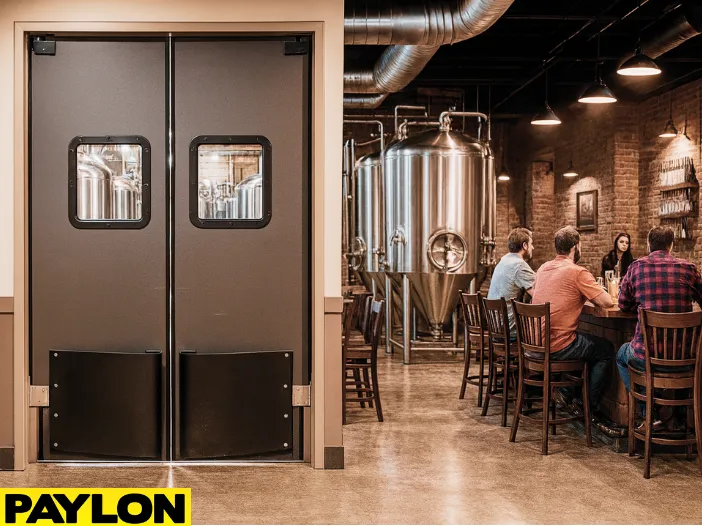 Industrial Door PE-8000 swinging doors in a microbrewery, separating the stainless steel brewing tanks in the production areas Industrial Door PE-8000 swinging doors in a microbrewery, separating the stainless steel brewing tanks in the production area from the rustic taproom where patrons enjoy drinks at wooden tables