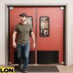Industrial Door PE-8000 swinging doors in a microbrewery, with a worker walking out from the brewing production area with stainless steel tanks into the taproom with a neutral background and patrons visible inside.