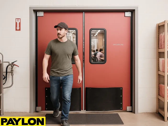 Industrial Door PE-8000 swinging doors in a microbrewery, with a worker walking out from the brewing production area Industrial Door PE-8000 swinging doors in a microbrewery, with a worker walking out from the brewing production area with stainless steel tanks into the taproom with a neutral background and patrons visible inside.