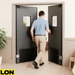 Industrial Door PE-8000 swinging double doors in a chiropractic and massage clinic, with a man entering the treatment room. The wellness space features a massage table, anatomical poster, potted plant, and soft spa-like décor, emphasizing the door’s durability and functionality for professional healthcare environments