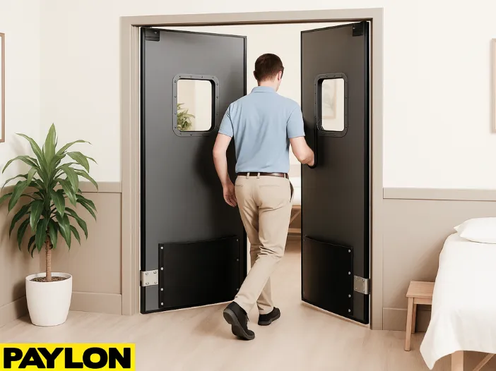 Industrial Door PE-8000 swinging double doors in a chiropractic and massage clinic, with a man entering the treatment room Industrial Door PE-8000 swinging double doors in a chiropractic and massage clinic, with a man entering the treatment room. The wellness space features a massage table, anatomical poster, potted plant, and soft spa-like décor, emphasizing the door’s durability and functionality for professional healthcare environments