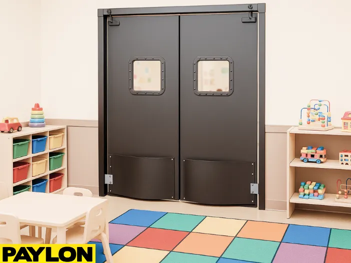 Industrial Door PE-8000 swinging double doors installed in a daycare classroom, providing safe room division with colorful foam flooring, cubbies, toys, and child-sized tables Industrial Door PE-8000 swinging double doors installed in a daycare classroom, providing safe room division with colorful foam flooring, cubbies, toys, and child-sized tables