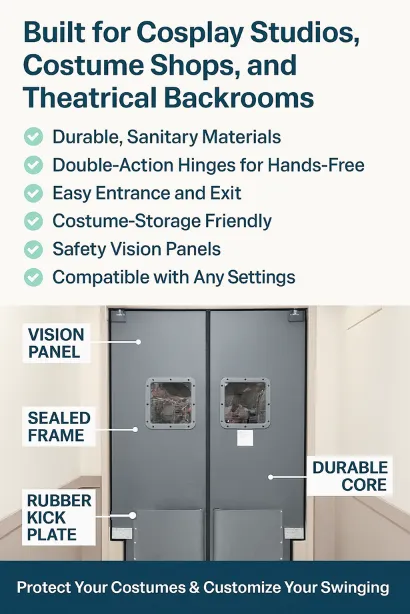 Infographic of double swinging doors designed for cosplay studios, costume shops, and theatrical backroom Infographic of double swinging doors designed for cosplay studios, costume shops, and theatrical backrooms. Features include durable sanitary materials, double-action hinges, easy entrance and exit, costume-storage friendly design, safety vision panels, and compatibility with any setting. Callouts highlight the vision panel, sealed frame, rubber kick plate, and durable core, with a bottom banner reading ‘Protect Your Costumes & Customize Your Swinging Doors