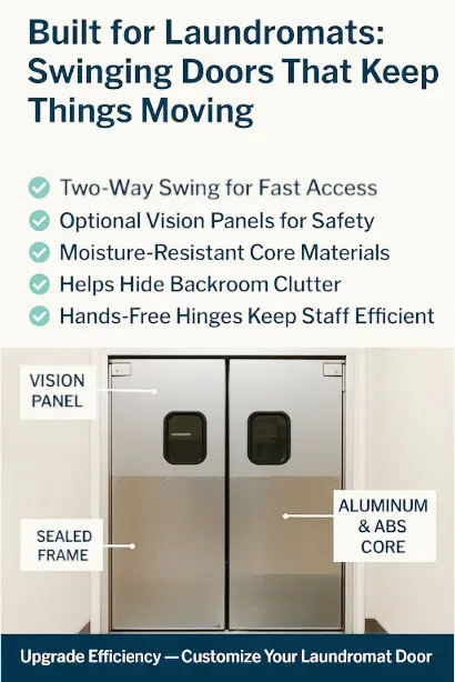 Infographic showing benefits of swinging doors in laundromats, including fast access, safety, moisture resistance, and clutter concealment. Labels highlight vision panels, sealed frame, and aluminum & ABS core on a double-door image