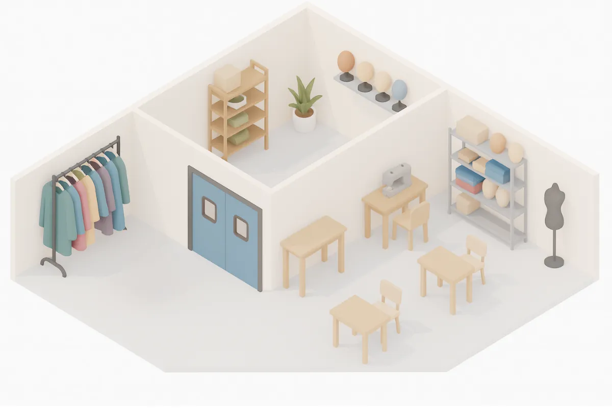 Isometric 3D illustration of a cosplay studio and theatrical backroom with costume racks, sewing tables, mannequins, fabric storage Isometric 3D illustration of a cosplay studio and theatrical backroom with costume racks, sewing tables, mannequins, fabric storage, and wigs on shelves, shown on a clean white background
