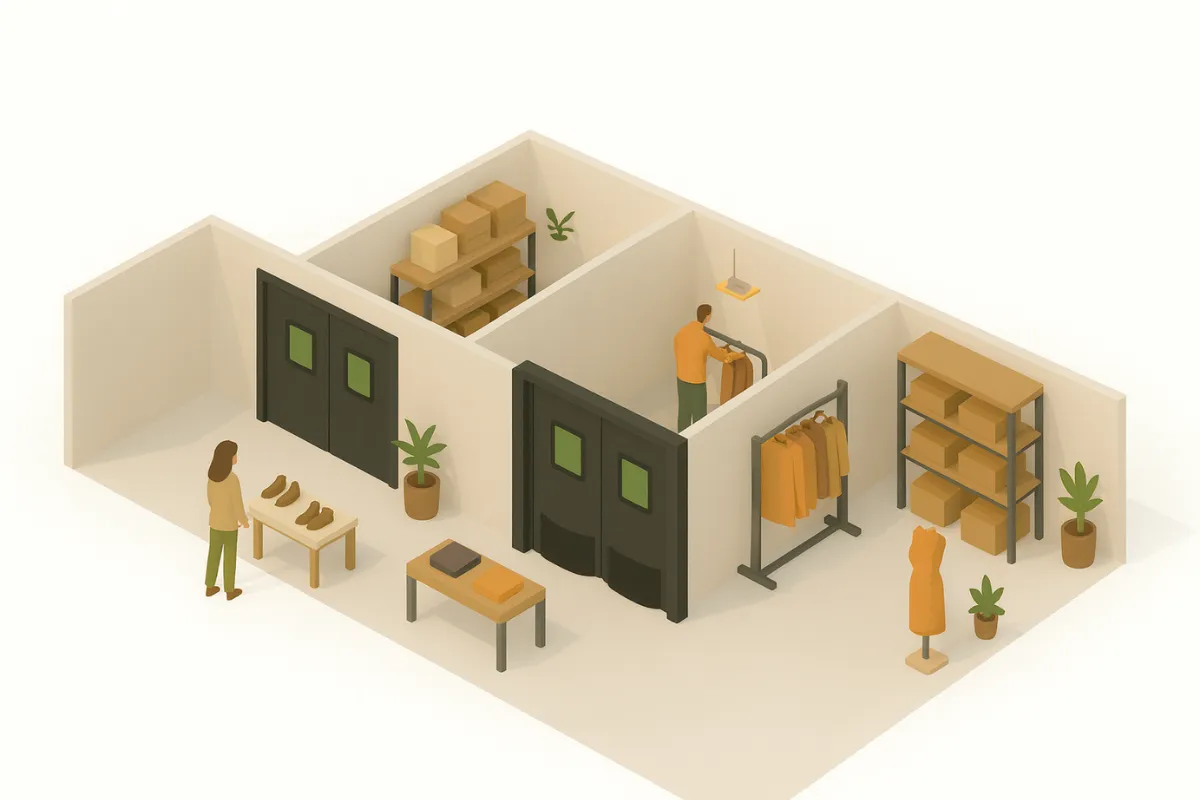 Isometric illustration of a boutique clothing store with swinging doors dividing the backroom from the sales floor, featuring racks, mannequins, and displays