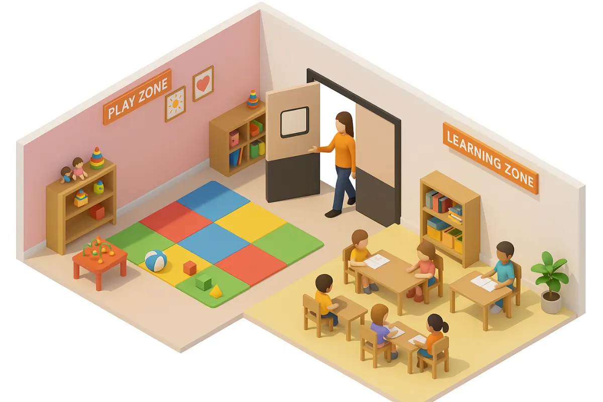 Isometric illustration of a daycare center divided by swinging double doors, with a colorful Play Zone featuring foam mats and toys on one side Isometric illustration of a daycare center divided by swinging double doors, with a colorful Play Zone featuring foam mats and toys on one side, and a Learning Zone with tables, bookshelves, and a teacher guiding children on the other