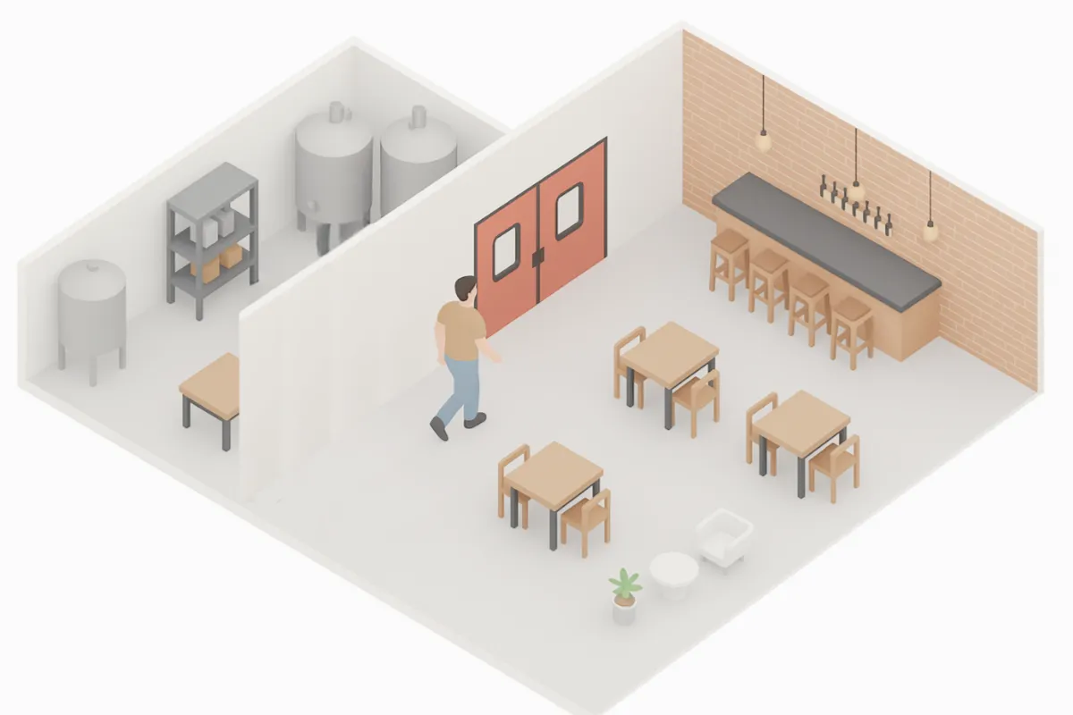 Isometric illustration of a microbrewery interior showing swinging red double doors dividing the brewing production area with stainless steel tanks from the taproom Isometric illustration of a microbrewery interior showing swinging red double doors dividing the brewing production area with stainless steel tanks from the taproom with bar seating, tables, chairs, and pendant lighting