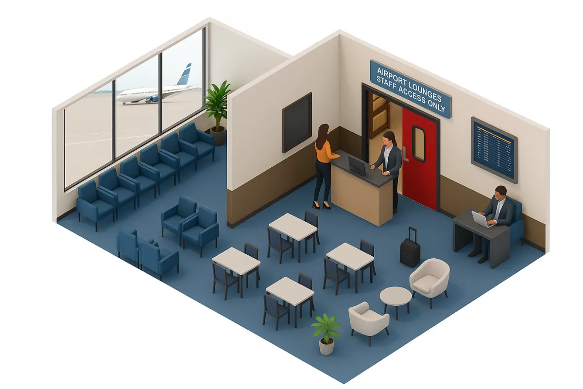 Isometric illustration of an airport lounge with durable staff access swinging doors, showing seating areas, secure entry points, and high-traffic doorways Isometric illustration of an airport lounge with durable staff access swinging doors, showing seating areas, secure entry points, and high-traffic doorways