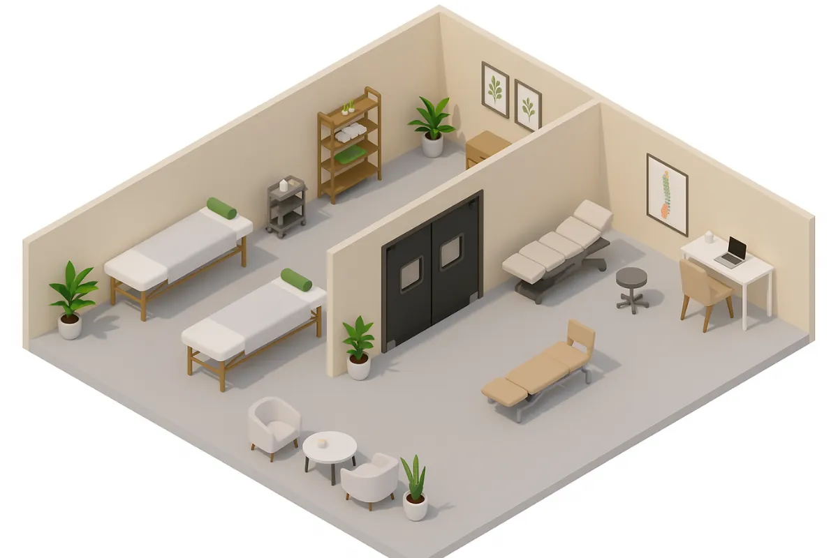 Isometric illustration of chiropractic clinics and massage studios installing swinging doors, showing treatment rooms Isometric illustration of chiropractic clinics and massage studios installing swinging doors, showing treatment rooms with massage tables, chiropractic adjustment tables, anatomical posters, plants, and calm décor. The swinging doors divide the spaces to highlight privacy, functionality, and professional design in wellness environment