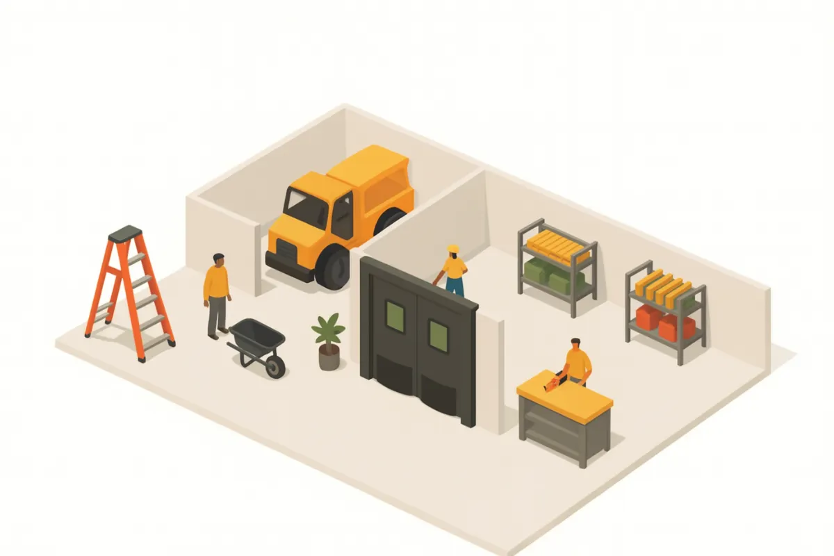 Isometric illustration of swinging doors in a tool rental shop and equipment yard, showing durable traffic doors dividing storage, ladders, and heavy equipment areas