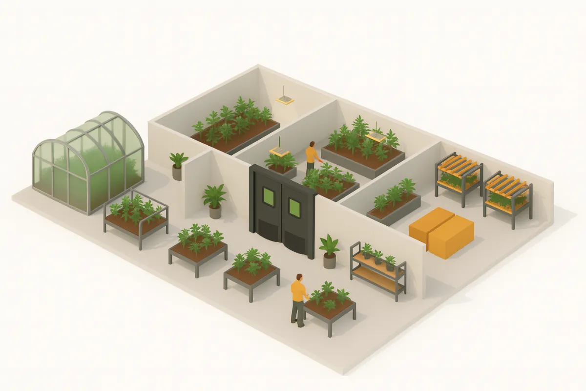 Isometric illustration of swinging doors in indoor grow operations and greenhouses, showing plant rows, grow lights, and separated zones with white background Isometric illustration of swinging doors in indoor grow operations and greenhouses, showing plant rows, grow lights, and separated zones with white background