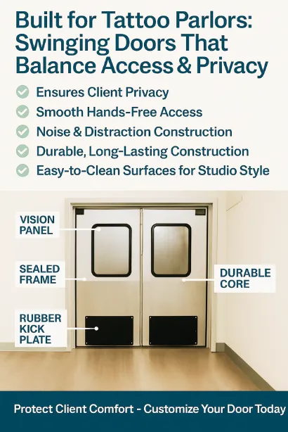 Paylon Swinging Doors in Tattoo Parlors Easy Room Access While Maintaining Client Privacy, featuring durable cores, sealed frames, and vision panels Paylon Swinging Doors in Tattoo Parlors Easy Room Access While Maintaining Client Privacy, featuring durable cores, sealed frames, and vision panels