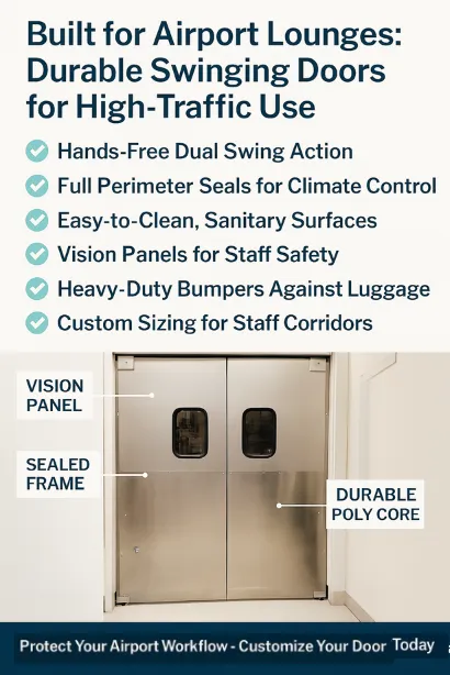 Paylon infographic highlighting Airport Lounges and Staff Access Doors Durable Swinging Doors for High-Traffic Uses Paylon infographic highlighting Airport Lounges and Staff Access Doors Durable Swinging Doors for High-Traffic Use with vision panels, sealed frame, and durable poly core