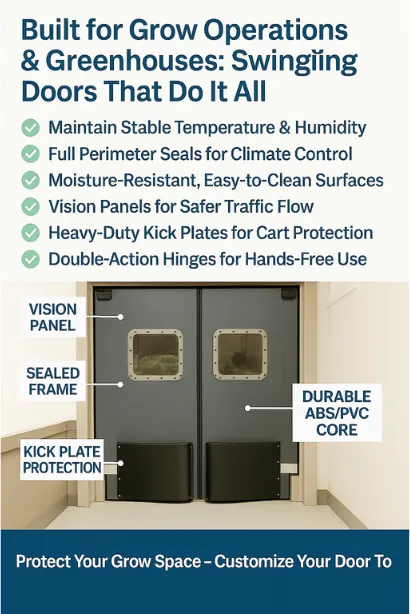 Paylon infographic showcasing Swinging Doors in Indoor Grow Operations and Greenhouses with labeled features including vision panels, sealed frame, durable Paylon infographic showcasing Swinging Doors in Indoor Grow Operations and Greenhouses with labeled features including vision panels, sealed frame, durable ABSPVC core, and kick plate protection