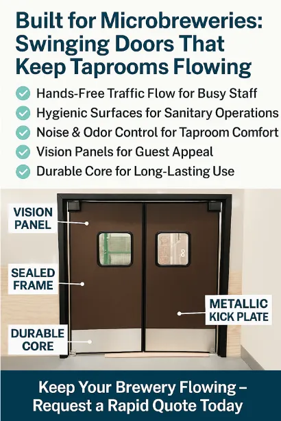 Paylon infographic showing Swinging Doors in Tattoo Parlors Easy Room Access While Maintaining Client Privacy Paylon infographic showing Swinging Doors in Tattoo Parlors Easy Room Access While Maintaining Client Privacy, highlighting features like metallic kick plate, vision panels, and durable core construction