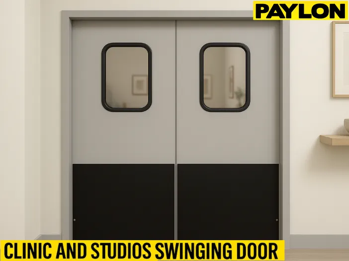 Red double-action swinging doors, illustrating durability and hands-free access, used to highlight why chiropractic clinics and massage studios Red double-action swinging doors, illustrating durability and hands-free access, used to highlight why chiropractic clinics and massage studios are installing swinging doors