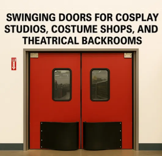Red swinging doors in a cosplay studio with bold black text overlay reading ‘Swinging Doors for Cosplay Studios, Costume Shops, and Theatrical Backrooms
