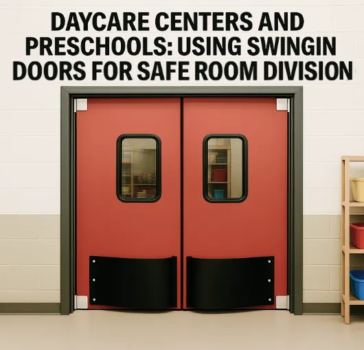 Red swinging doors in a daycare center preschool setting used for safe room division and child-friendly space management