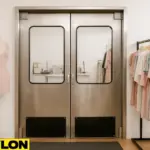Retail Door PE-620ALC installed in a boutique clothing store, dividing the backroom from the sales floor with a stylish stainless steel finish, mannequin display, and pastel dresses on racks