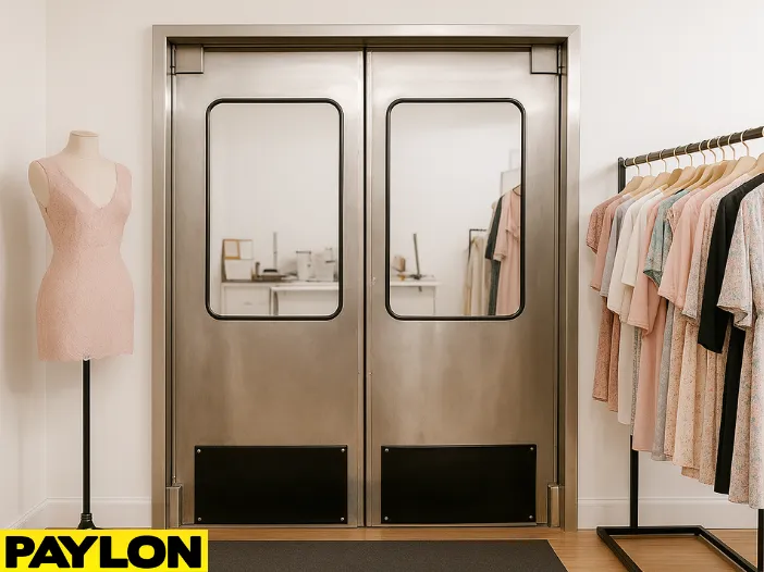 Retail Door PE-620ALC installed in a boutique clothing store, dividing the backroom from the sales floor with a stylish stainless steel finish, mannequin display, and pastel dresses on racks