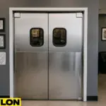 Retail Door PE-620ALC swinging door inside a tattoo parlor, providing easy room access while maintaining client privacy with tattoo chairs, artwork, and a waiting area in the background