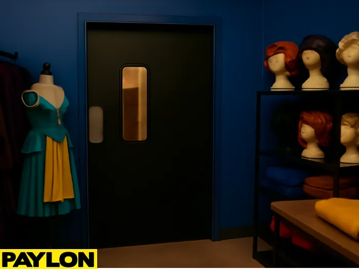 Retail Door PE-710 black swinging door with narrow vision panel installed in a backstage storage area, next to metal shelvings Retail Door PE-710 black swinging door with narrow vision panel installed in a backstage storage area, next to metal shelving, ideal for cosplay studios, costume shops, and theatrical backroom