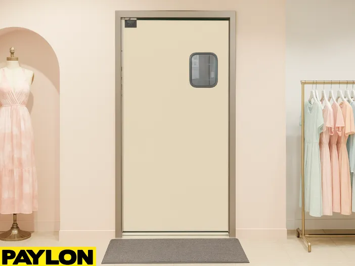 Retail Door PE-710 installed in a boutique clothing store, dividing the backroom from the shopping floor with a sleek beige finish, pastel dresses on a brass rack, and a mannequin display for added style