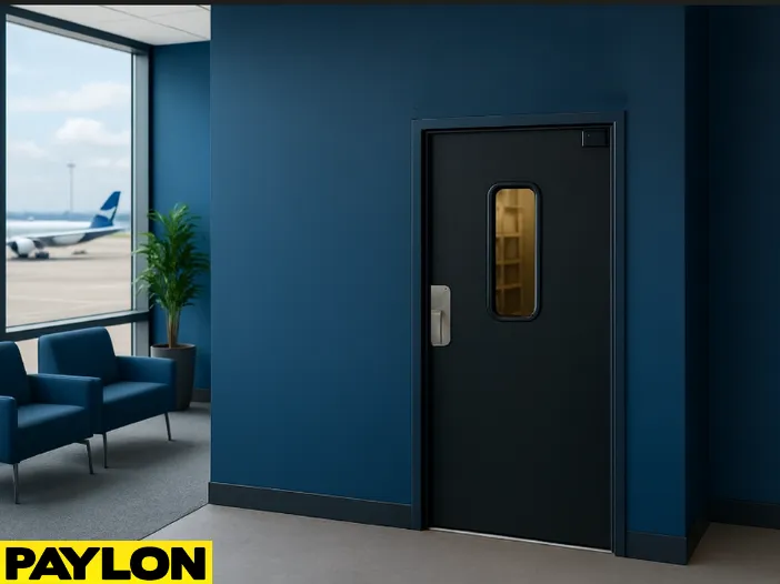 Retail Door PE-710 installed in an airport lounge staff access area, with a blue ‘Airport Lounges Staff Access Only Retail Door PE-710 installed in an airport lounge staff access area, with a blue ‘Airport Lounges Staff Access Only’ sign above, modern blue lounge chairs on the left, a potted plant by the window, and airplanes visible on the tarmac outside