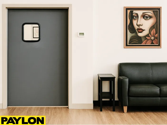 Retail Door PE-710 swinging door in a tattoo parlor, providing easy room access and maintaining client privacy, with modern décor, leather seating Retail Door PE-710 swinging door in a tattoo parlor, providing easy room access and maintaining client privacy, with modern décor, leather seating, and framed tattoo artwork in the background