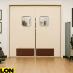 Retail Door | PE-720 swinging door in a tattoo parlor, providing easy access and privacy, with tattoo chairs, framed artwork, and a professional studio setting