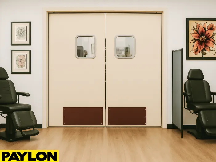Retail Door | PE-720 swinging door in a tattoo parlor, providing easy access and privacy, with tattoo chairs, framed artwork, and a professional studio setting Retail Door | PE-720 swinging door in a tattoo parlor, providing easy access and privacy, with tattoo chairs, framed artwork, and a professional studio setting