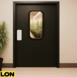 Retail Door PE-710 swinging door in an indoor grow operation, with cannabis plants and grow lights visible through the window