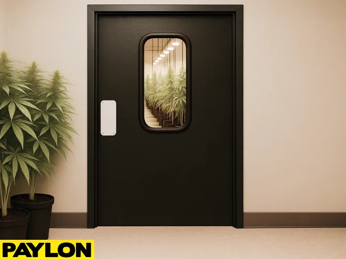 Retail Door PE-710 swinging door in an indoor grow operation, with cannabis plants and grow lights visible through the windows Retail Door PE-710 swinging door in an indoor grow operation, with cannabis plants and grow lights visible through the window