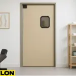 Retail Door PE-710 swinging door inside a chiropractic and massage clinic, shown in a clean treatment room with a black therapy table, shelving with towels, anatomical chart, and a potted plant, highlighting the door’s durability and modern design for wellness spaces
