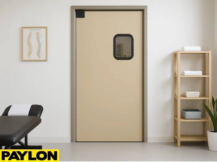 Retail Door PE-710 swinging door inside a chiropractic and massage clinic, shown in a clean treatment room Retail Door PE-710 swinging door inside a chiropractic and massage clinic, shown in a clean treatment room with a black therapy table, shelving with towels, anatomical chart, and a potted plant, highlighting the door’s durability and modern design for wellness spaces