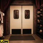 Retail Door PE-720 beige swinging doors installed in a theatrical backroom, surrounded by stage costumes, wigs, and red velvet curtains for backstage use